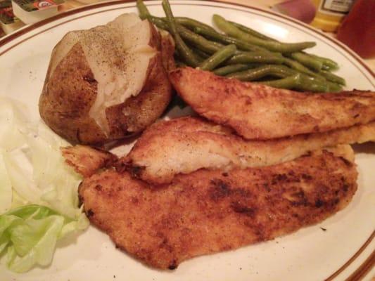 Pan fried lake perch with baked potato and green beans