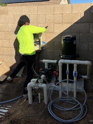 Installing the main pool panel.