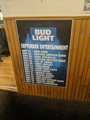 Live entertainment line up as of 9-17-18