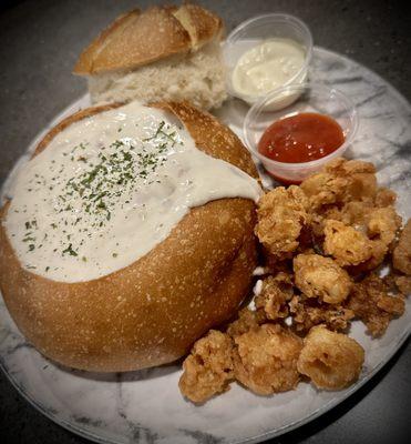 Classic Ivar's White Chowder in a Bread Bowl with a side of Calamari