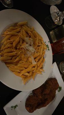 Penne alla vodka with chicken cutlet