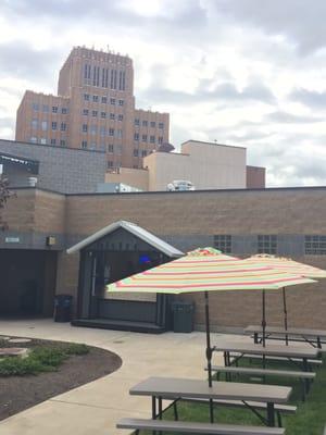 Great view and awesome seating with umbrellas and privacy inside the amphitheater park.