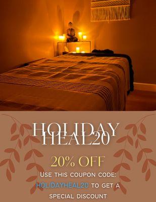 Unwind this holiday with HOLIDAYHEAL20 for 20% off massages. Limited spots! Book now for festive relaxation and recovery. #HolidayHealing