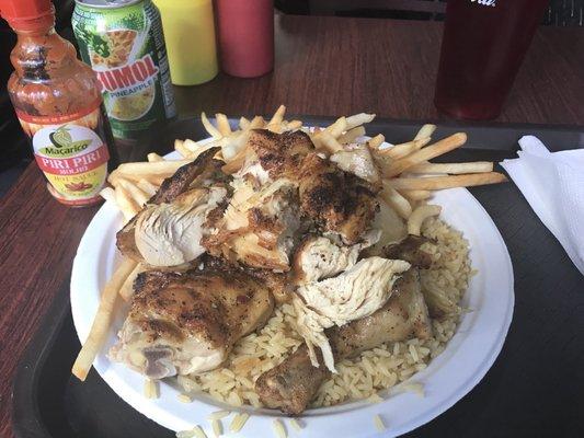 Half bbq chicken, fries and rice