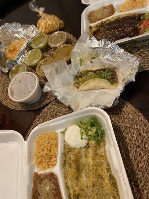 Enchiladas, carne asada taco, pupusas