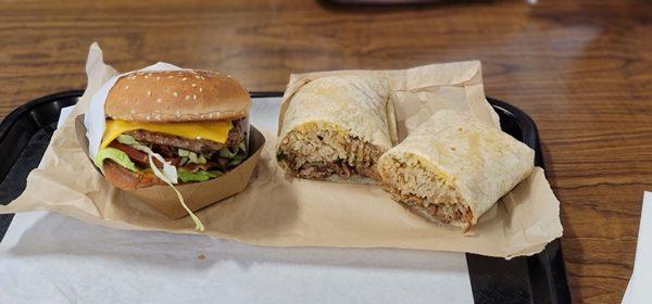 Teriyaki burger with guacamole and cheese and charisu burrito with fried rice and cheese