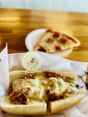 Buffalo Chicken Sandwich and Pepperoni Pizza