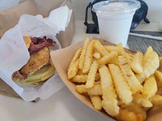 turkey burger, fries, vanilla shake