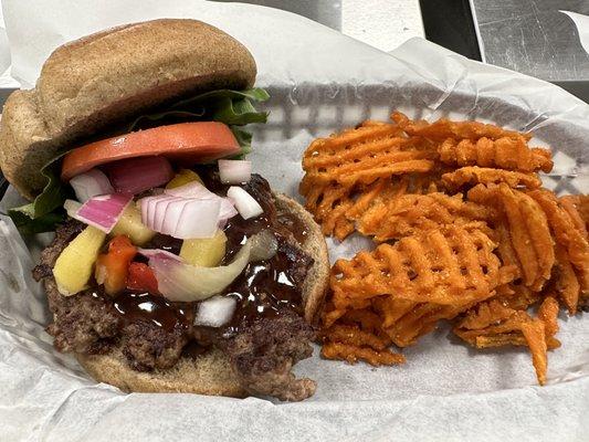 Bison burger, made teriyaki style with a side of sweet potato fries