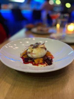 BURRATA- beets, orange, hot honey, polenta focaccia Vegetarian