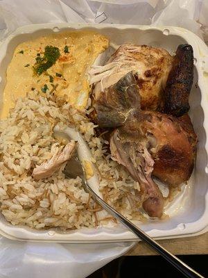 1/2 Chicken with 2 sides (rice and spicy hummus - so good)