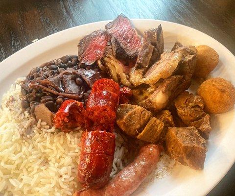 Chorizo, Feijoada, picanha, beef ribs, stewed pork