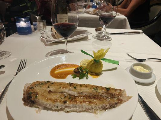 Delicious & satisfying Dover Sole fish paired with perfect red wine recommended by waiter