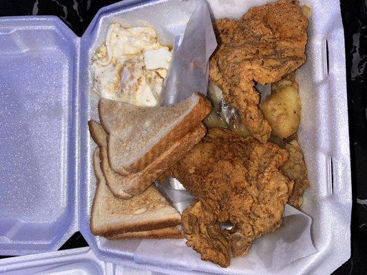 Fried Pork Chop Breakfast Plate and side of Pancakes