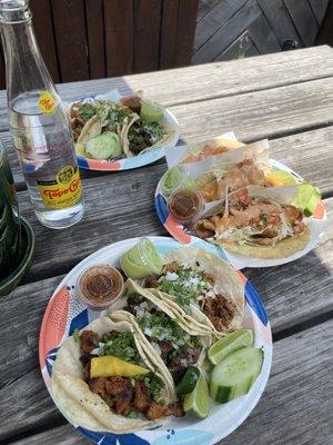 Pastor, lengua, chorizo and fish tacos. Steak and chicken in the back.