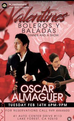 Valentines Dinner with Live music Boleros y Baladas Valentine's Day 6pm-9 pm bring your love one ... February 14, 2023