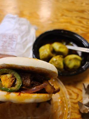 Spicy lamb burger. Spinach dumplings.