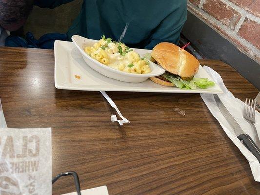 Classic Cheeseburger* and macaroni and cheese. Cheeseburger was burned. Mac and cheese was good