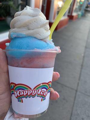 Strawberry lemon and blueberry ice, with soft serve. Smallest size