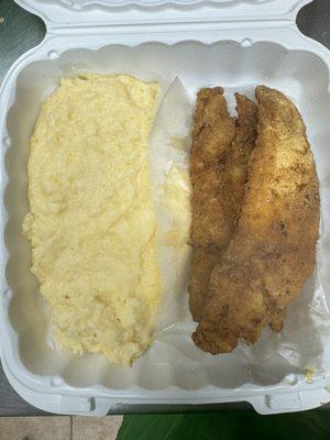 Grits with cheese and whiting fish.