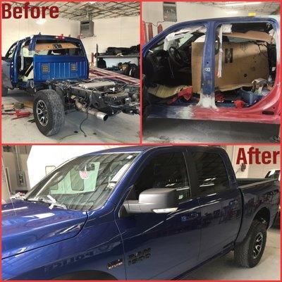 Extreme damage to the left side of this truck. We had to repair, cut, install and much more to bring it back to its original condition!