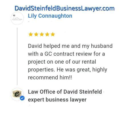 Glowing client review of Board Certified expert business litigation attorney David Steinfeld https://www.DavidSteinfeldBusinessLawyer.com