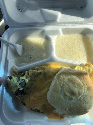 All dat omelette with grits and biscuit