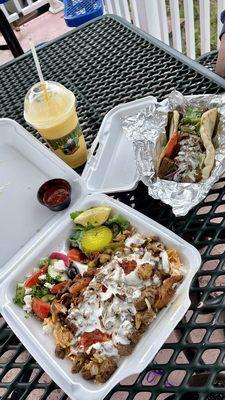 Lamb & chicken over rice, lamb gyro pita, mango lassi