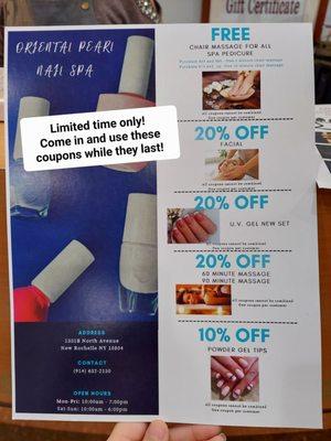 Limited time coupons! They won't last forever, so come in and use them while they're still good!