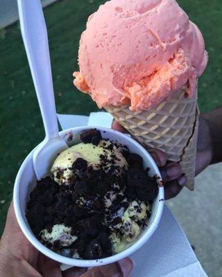 cake batter  orange sherbet/ waffle cone