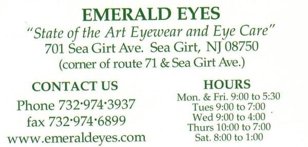 Emerald Eyes 701 Sea Girt Avenue, Sea Girt, New Jersey 08750. Welcome to Emerald Eyes! Call us for an appointment now!