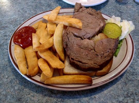 One of the Monday night specials at Riverside Family Restaurant - 8oz. Prime Rib sandwich with two sides.