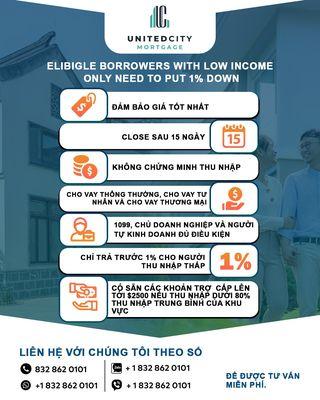 Best news ever! Now low income families only need to put 1% down for new house! Don't pass this opportunity. Close after 15 days.