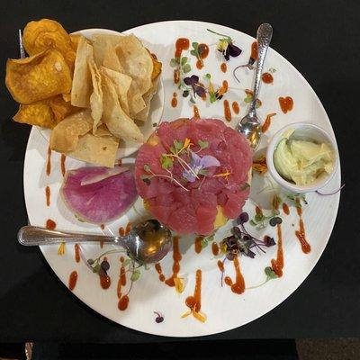 Ahi Tuna Tartare Tower with Mango Salsa and fresh avocado.