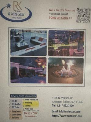 Pic of pool side setup, fire, lounge. And info about the hotel.