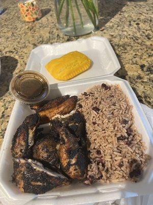 Rice and Peas, Plantains, Jamaican Jerk Chicken, Jamaican Beef Patty