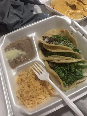 Asada taco plate with rice and beans