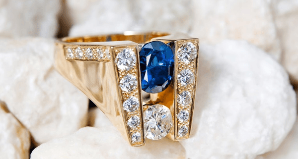 One of a kind diamond and sapphire wedding ring