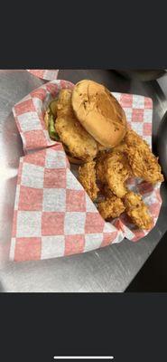 Hand breaded chicken  sandwich with our onion rings