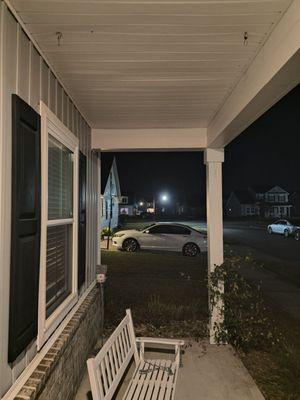 Hung the swing almost to our front door. You can see the brick where the swing hit every time we swung on it.