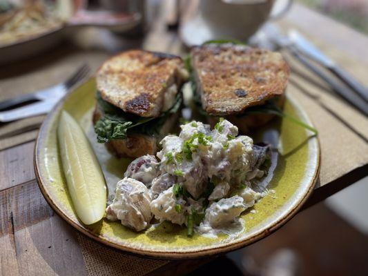 Grilled cheese sandwich with a side of potato salad and a pickle.