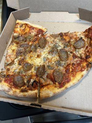 Mushroom and sausage pizza.