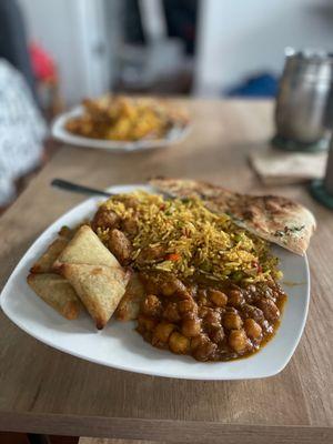 Meal for two for about $15 (2 Biryanis, 1 channa, 1, samosa, garlic naan)