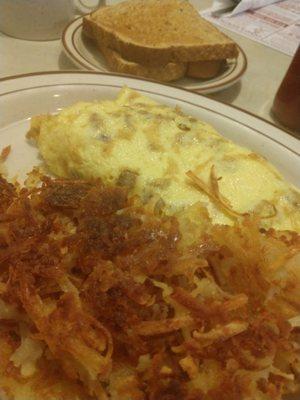 Sausage and cheese Omelet w/hash browns, toast