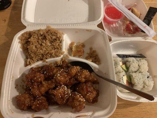 Sesame Chicken, Philadelphia sushi roll, to go