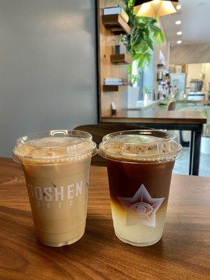 Iced vanilla latte on the left and espresso tonic on the right. Both very refreshing!