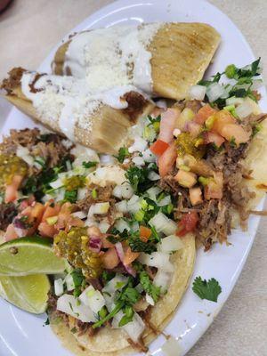 Three carnitas tacos & two tamales