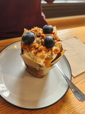 Carrot Cake muffin with a yogurt style topping and fresh blueberries! Delicious!