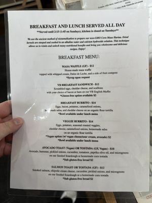 Breakfast menu