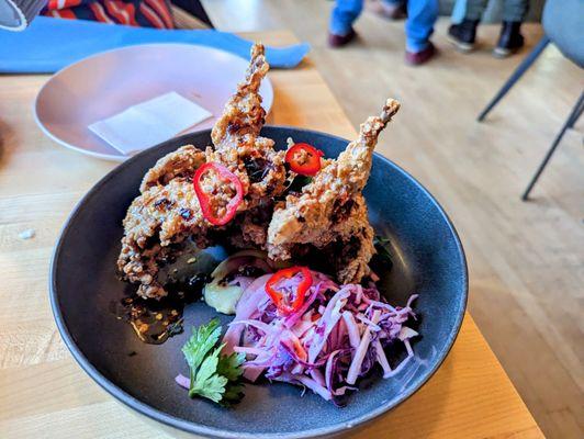 Buttermilk Fried Quail - kohlrabi-parsnip-apple slaw, cornbread puree, hot honey